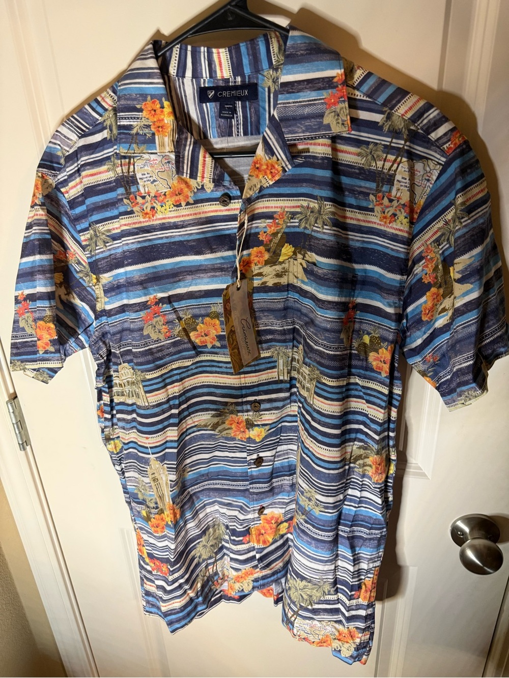 Cremieux Hawaiian Camp Shirt | Tropical Floral & Stripe Button-Up | Men’s Large